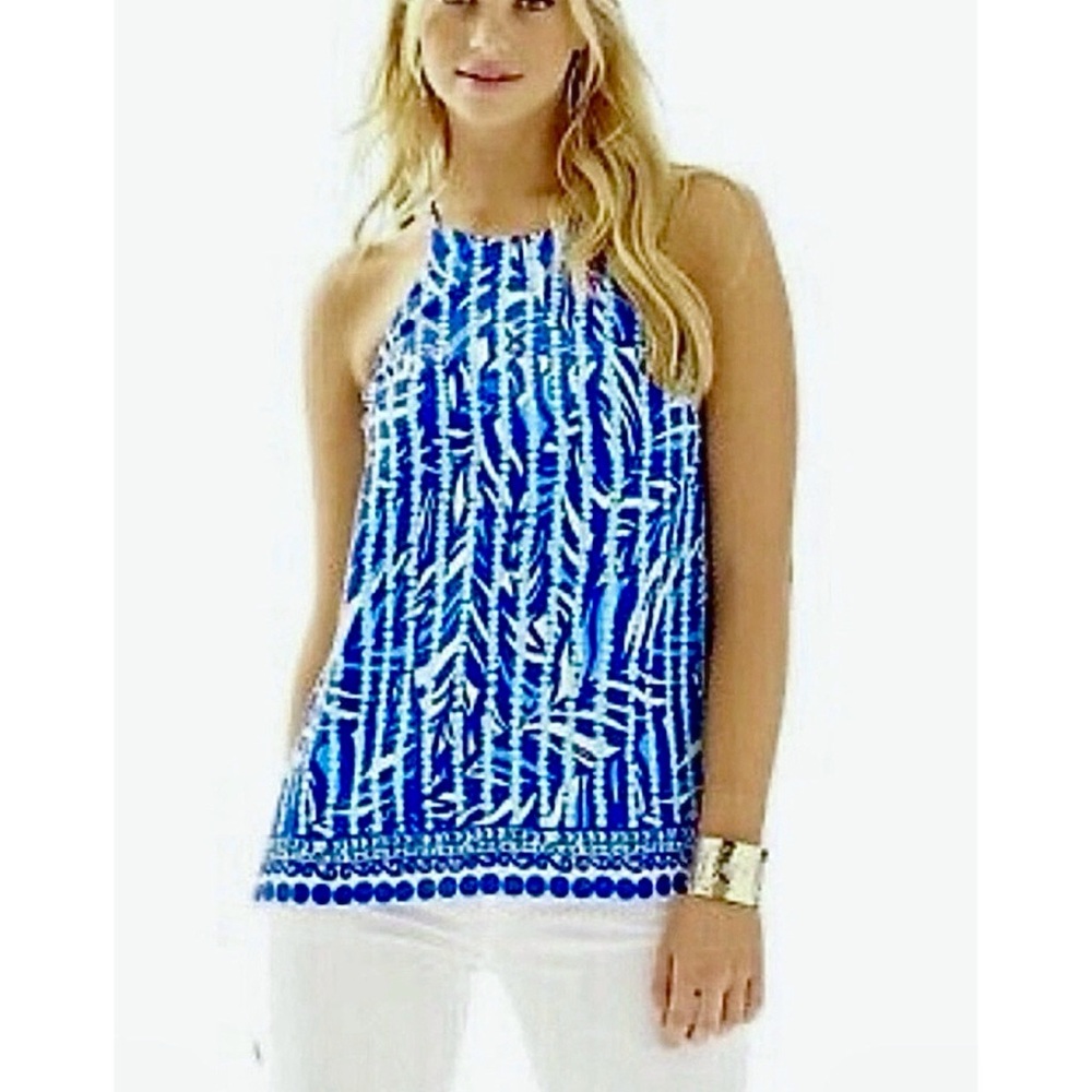 LILLY PULITZER 100% SILK HALTER TOP XS SAMBA LEAF DOT PRINT BLUE WHITE ELEGANT